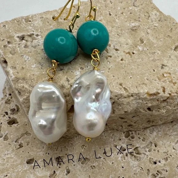 Turquoise & Keshi Baroque Pearl Dangles - Picture 7 of 9